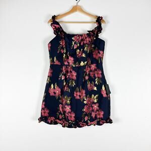 Lulus Pop the Bottle Navy Blue Floral Jacquard Ruffled Mini Dress Size Large